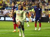 Club America defender Sebastian Caceres reacts after a goal against the Chicago Fire on August 4, 2023