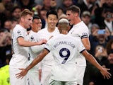 Tottenham Hotspur's Son Heung-min celebrates scoring their first goal with teammates on October 23, 2023