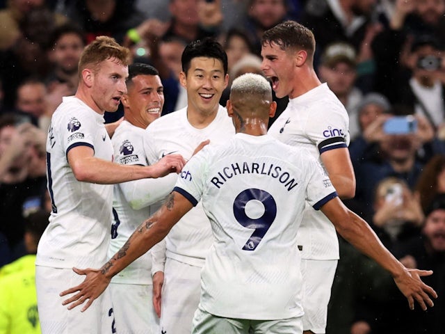 Tottenham Hotspur's Son Heung-min celebrates scoring their first goal with teammates on October 23, 2023