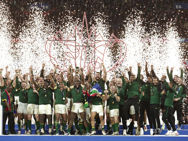 South Africa's Siya Kolisi lifts The Webb Ellis Cup as they celebrate winning the World Cup final on October 28, 2023