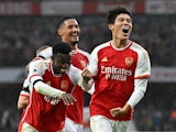 Arsenal's Takehiro Tomiyasu celebrates scoring their fifth goal on October 28, 2023