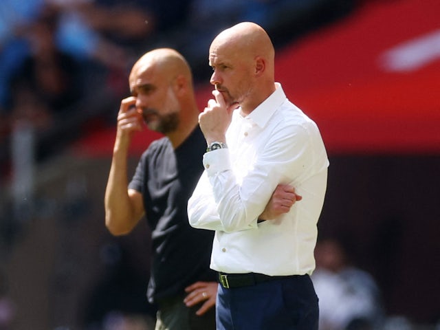 Manchester United manager Erik ten Hag and Manchester City manager Pep Guardiola on June 3, 2023