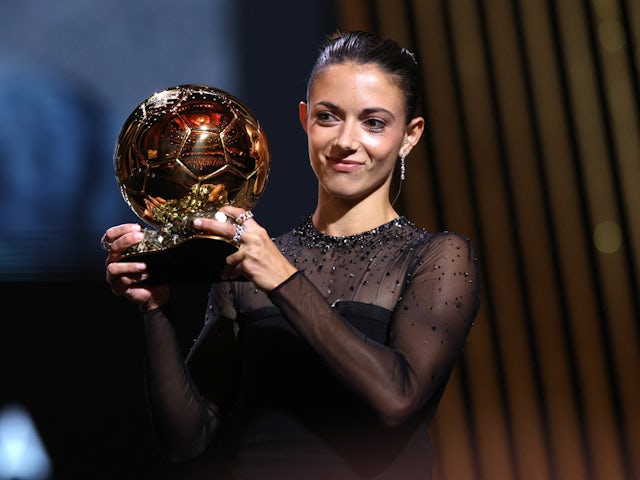 Barcelona Women midfielder Aitana Bonmati with the Ballon d'Or Feminin on October 30, 2023