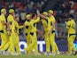 Australia celebrate taking a wicket against England in Cricket World Cup on November 4, 2023.