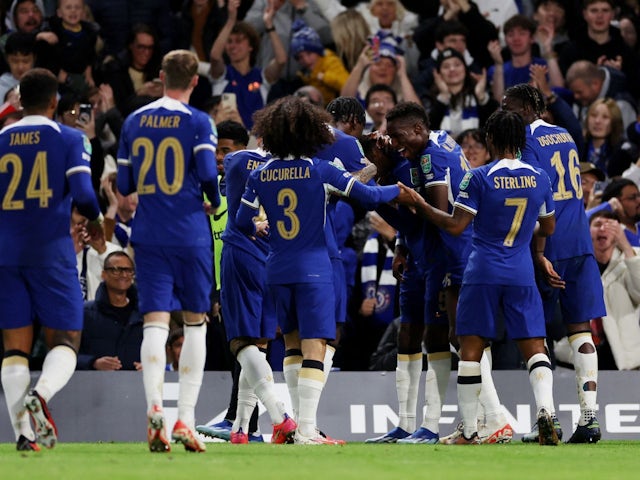 Chelsea's Benoit Badiashile celebrates scoring their first goal with teammates on November 1, 2023