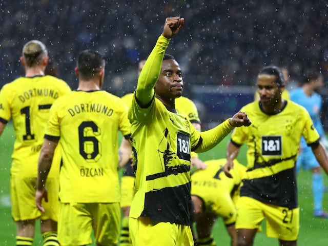 Borussia Dortmund's Youssoufa Moukoko celebrates scoring their second goal on October 29, 2023