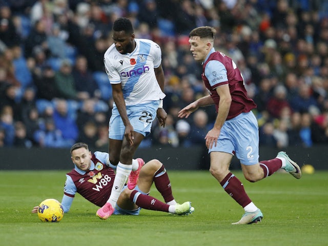 Crystal Palace's Odsonne Edouard in action with Burnley's Dara O'Shea on November 4, 2023