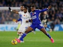 Leeds United's Crysencio Summerville in action with Leicester City's Abdul Fatawu on November 3, 2023