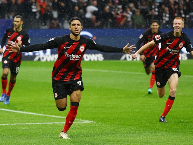 Eintracht Frankfurt's Omar Marmoush celebrates scoring their first goal on October 29, 2023