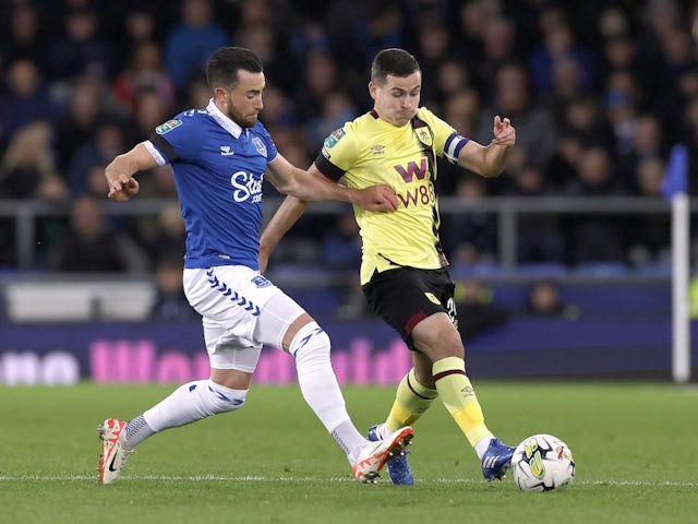 Everton's Jack Harrison in action with Burnley's Josh Cullen on November 1, 2023