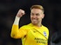 Brighton & Hove Albion's Jason Steele celebrates after the match on October 26, 2023