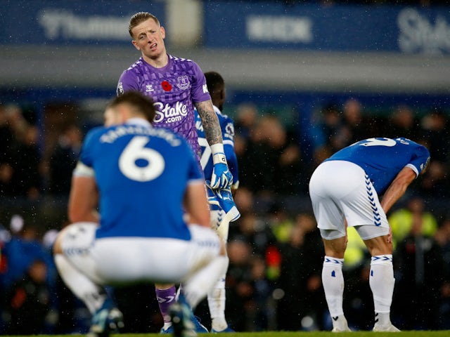 Everton's Jordan Pickford reacts after the match on November 4, 2023