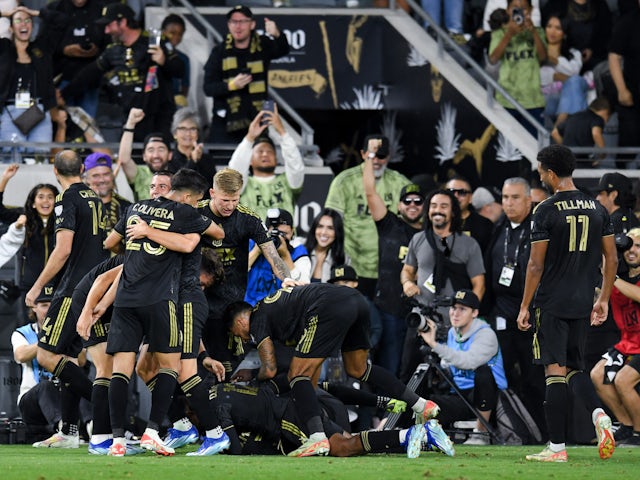 Los Angeles FC midfielder Kellyn Acosta (23) celebrates with teammates after scoring a goal on October 29, 2023