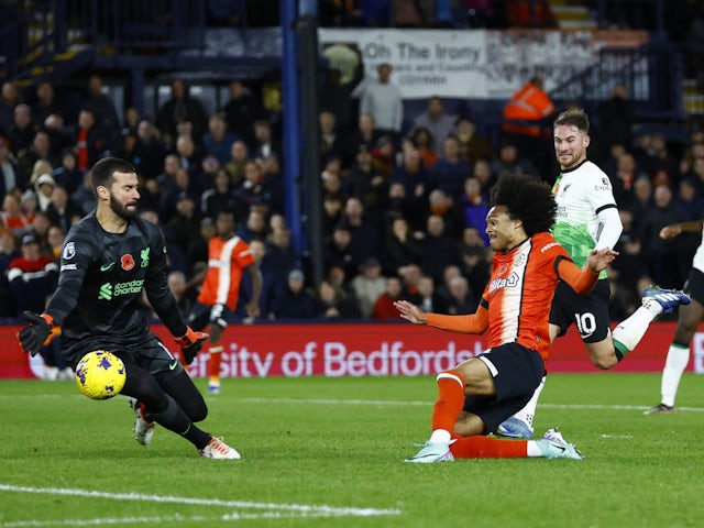 Luton Town's Tahith Chong scores against Liverpool on November 5, 2023