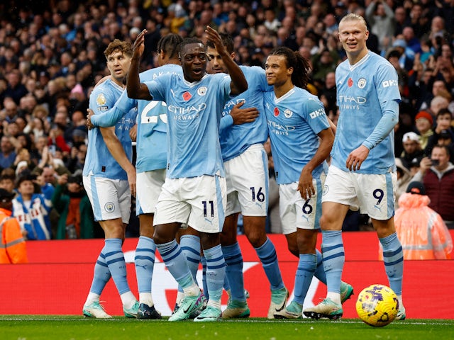 Manchester City's Jeremy Doku celebrates scoring their first goal on November 4, 2023