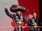 Red Bull's Max Verstappen celebrates on the podium after winning the Mexico City Grand Prix on October 28, 2023
