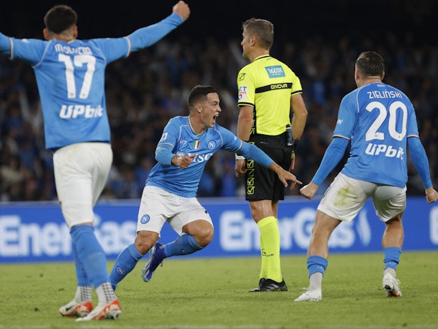 Napoli's Giacomo Raspadori celebrates scoring their second goal with teammates on October 29, 2023