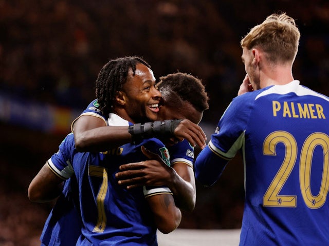 Chelsea's Raheem Sterling celebrates scoring their second goal with teammates Nicolas Jackson and Cole Palmer on November 1, 2023