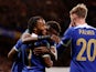 Chelsea's Raheem Sterling celebrates scoring their second goal with teammates Nicolas Jackson and Cole Palmer on November 1, 2023