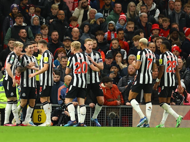 Newcastle United's Miguel Almiron celebrates scoring against Manchester United on November 1, 2023