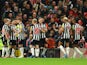 Newcastle United's Miguel Almiron celebrates scoring against Manchester United on November 1, 2023