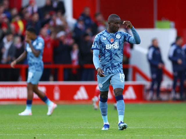 Aston Villa's Moussa Diaby looks dejected after Nottingham Forest's Orel Mangala scores their second goal on November 5, 2023