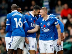 Everton's Vitaliy Mykolenko celebrates scoring their first goal on November 4, 2023