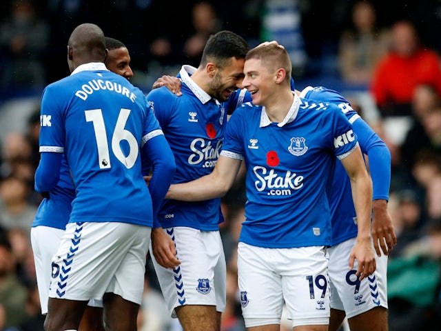 Everton's Vitaliy Mykolenko celebrates scoring their first goal on November 4, 2023
