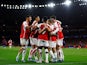 Arsenal's Leandro Trossard celebrates scoring their first goal with teammates on November 8, 2023