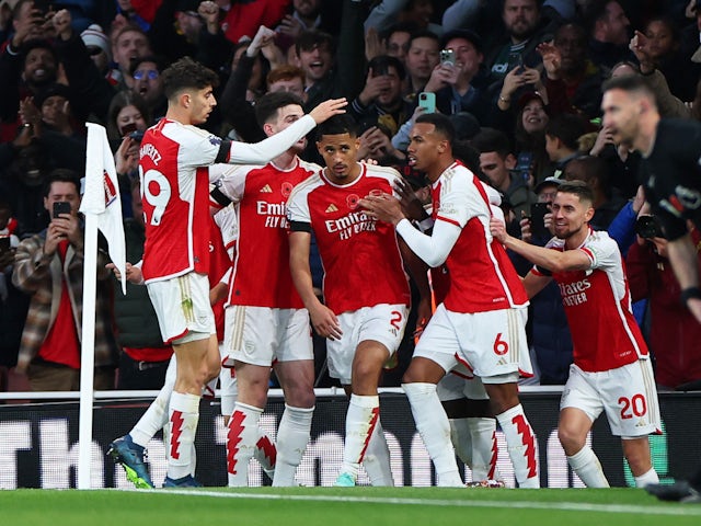  Arsenal's William Saliba celebrates scoring their second goal on November 11, 2023