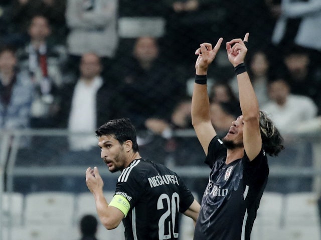 Besiktas' Tayfur Bingol celebrates scoring their first goal with Necip Uysal on November 9, 2023
