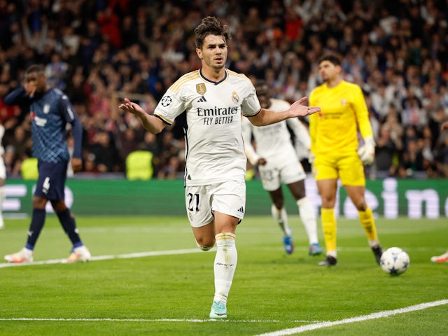 Real Madrid's Brahim Diaz celebrates scoring their first goal on November 8, 2023