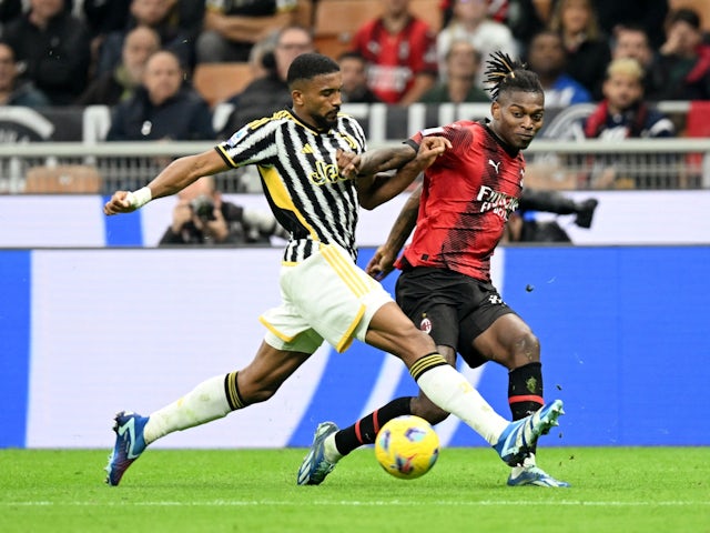 Juventus' Bremer in action with AC Milan's Rafael Leao on October 22, 2023
