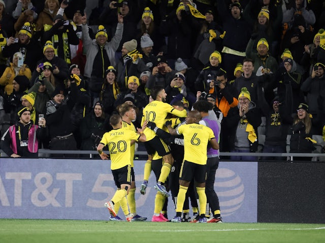 Columbus Crew players celebrate a penalty on November 3, 2023