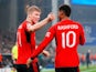 Manchester United's Rasmus Hojlund celebrates scoring against Copenhagen on November 8, 2023