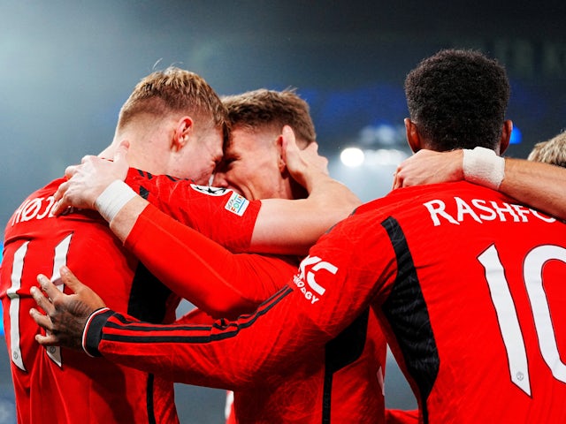 Manchester United's Rasmus Hojlund celebrates scoring against Copenhagen with teammates on November 7, 2023