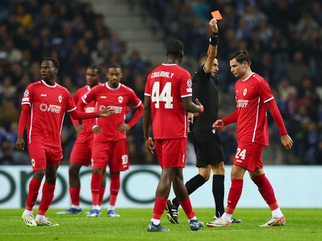Royal Antwerp's Jurgen Ekkelenkamp is shown a red card by referee Maurizio Mariani on November 7, 2023
