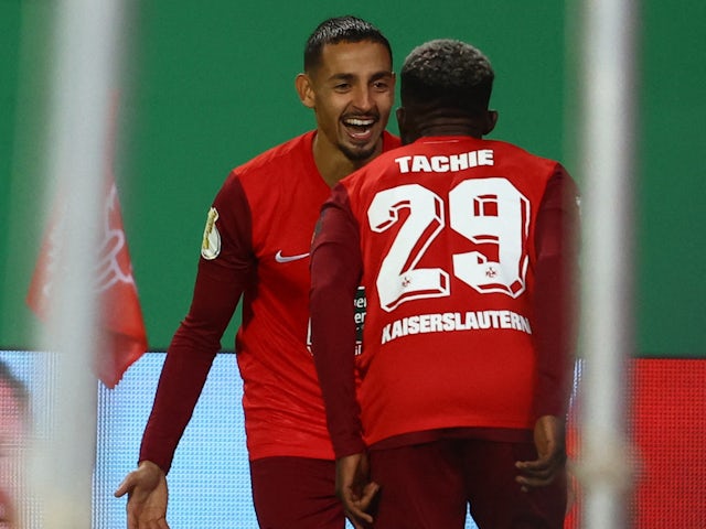 Kaiserslautern's Kenny Prince Redondo celebrates scoring their second goal with Richmond Tachie on October 31, 2023