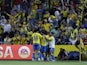 Las Palmas players celebrate after Kirian Rodriguez scores their first goal on November 3, 2023