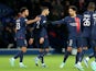 Paris Saint-Germain's (PSG) Warren Zaire-Emery celebrates scoring their second goal with Marquinhos on November 3, 2023