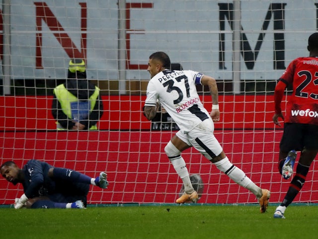 Udinese's Roberto Pereyra celebrates scoring their first goal on November 4, 2023