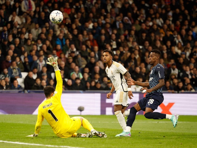 Real Madrid's Rodrygo scores their third goal on November 8, 2023