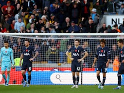 Tottenham Hotspur players look dejected after Mario Lemina scores for Wolverhampton Wanderers on November 11, 2023