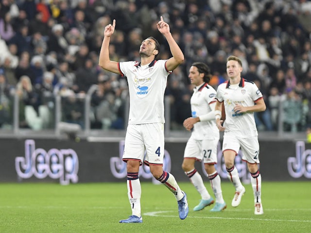 Cagliari's Alberto Dossena celebrates scoring their first goal on November 11, 2023