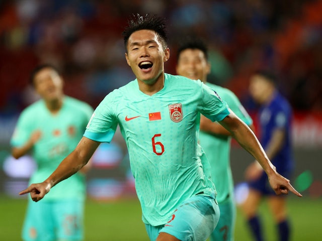 China's Wang Shangyuan celebrates scoring their second goal on November 16, 2023