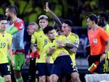 Colombia's Luis Diaz celebrates scoring their first goal with James Rodriguez and teammates on November 17, 2023