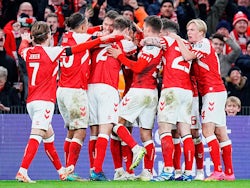 Denmark's Thomas Delaney celebrates scoring their second goal with teammates on November 17, 2023