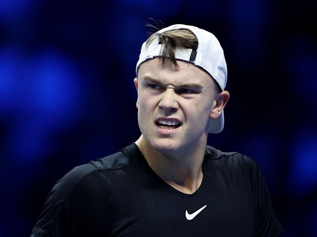 Holger Rune reacts at the ATP Finals on November 12, 2023