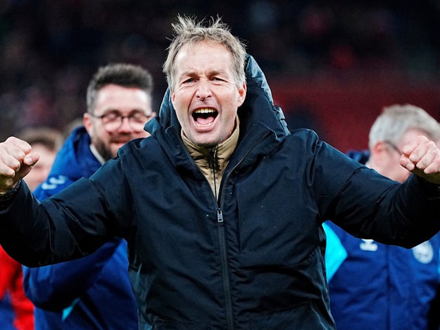 Denmark coach Kasper Hjulmand celebrates after the match on November 17, 2023