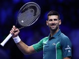 Novak Djokovic celebrates after winning his group stage match against Denmark's Holger Rune on November 12, 2023